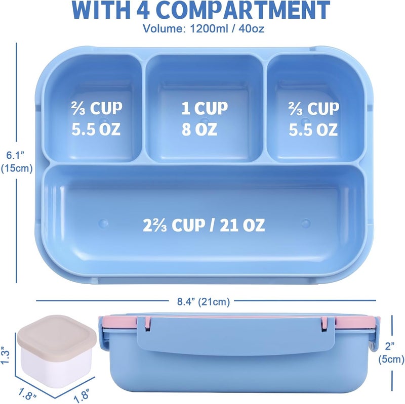 shell and turtle Bento Box Adult Lunch Box, Lunch Containers for Kids Girls Boys with 4 Compartments, Lunchable Food Container with Utensils, Sauce Jar, Muffin Liners, 40 Oz/5 Cup, Blue Pink - Image 2